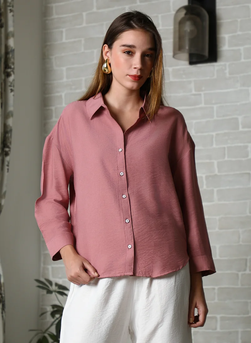 PINACOLADA  Women's Salmon Pink Breezy Wrinked Relaxed Shirt For Casual Wear | Spread Collar | Long Cuffed Sleeves | Button Closure | Oversized Shirt Designed With Comfortable Fit For Woman & Girls for Women | Best Price UAE